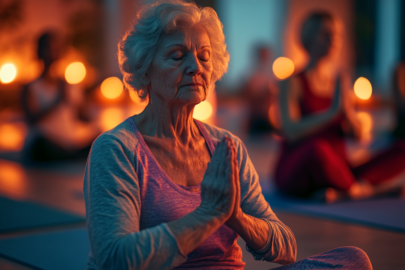 Інструктор йоги проводить заняття для людей старшого віку